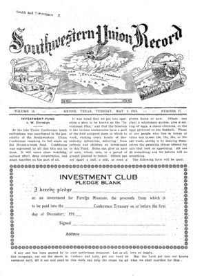 Southwestern Union Record | May 2, 1916