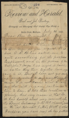 Uriah Smith to Dudley M. Canright, 31 July 1883