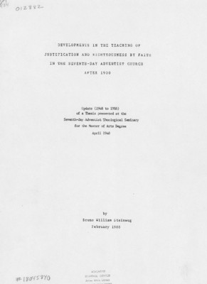 Developments In The Teaching Of Justification And Righteousness By Faith In The Seventh-day Adventist Church After 1900
