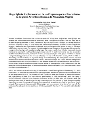 Hogar Iglesia: Implementacion de un Programa para el Crecimiento de la Iglesia Adventista Hispana de Alexandria, Virginia