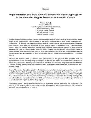 Implementation and Evaluation of a Leadership Mentoring Program in the Hampden Heights Seventh-day Adventist Church