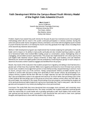 Faith Development Within the Campus-Based Youth Ministry Model of the English Oaks Adventist Church