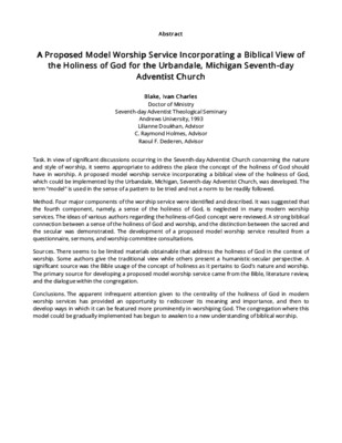 A Proposed Model Worship Service Incorporating a Biblical View of the Holiness of God for the Urbandale, Michigan Seventh-day Adventist Church