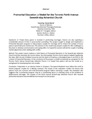 Premarital Education: a Model for the Toronto Perth Avenue Seventh-day Adventist Church