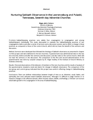 Nurturing Sabbath Observance in the Lawrenceburg and Pulaski, Tennessee, Seventh-day Adventist Churches