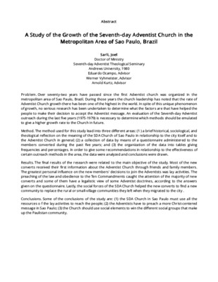 A Study of the Growth of the Seventh-day Adventist Church in the Metropolitan Area of Sao Paulo, Brazil