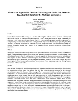 Persuasive Appeals for Decision: Preaching the Distinctive Seventh-day Adventist Beliefs in the Michigan Conference