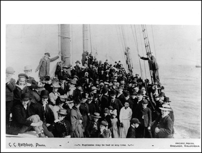 Missionary ship Pitcairn with a crowd of people on board, presumably after a dedication ceremony