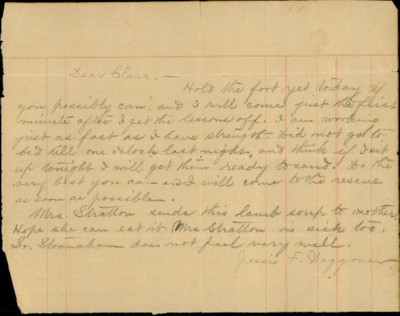 Note from Jessie Waggoner to Clara Barnum, n.d.
