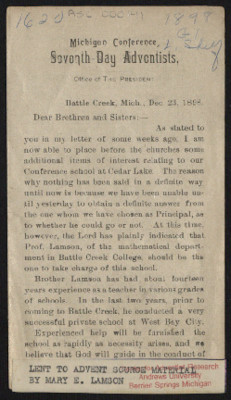 Letter 1898 Dec. 23, Battle Creek, Mich. to Brethren and Sisters