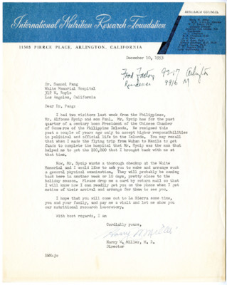 Harry Miller to Samuel Phang, 12/10/1953