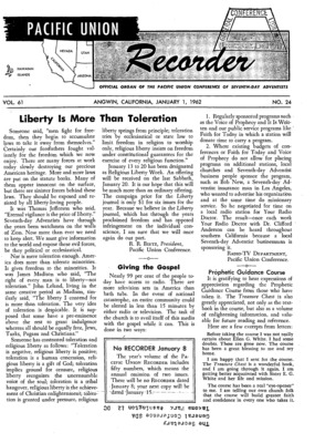 Pacific Union Recorder | January 1, 1962