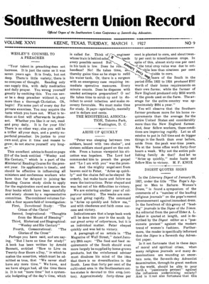 Southwestern Union Record | March 1, 1927