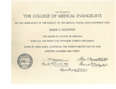 Dr. Elmer Coulston's Diploma