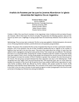 Analisis de Razones por las que los Jovenes Abandonan la Iglesia Adventista Del Septimo Dia en Argentina