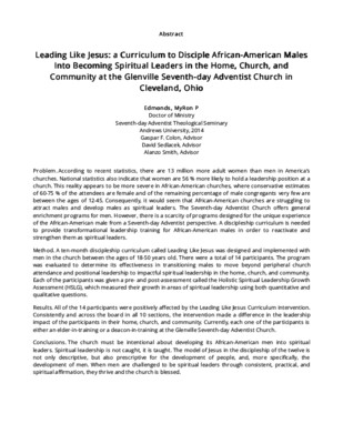 Leading Like Jesus: a Curriculum to Disciple African-American Males Into Becoming Spiritual Leaders in the Home, Church, and Community at the Glenville Seventh-day Adventist Church in Cleveland, Ohio