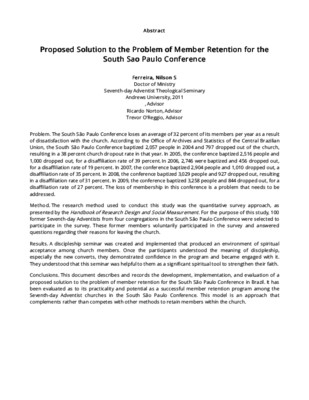 Proposed Solution to the Problem of Member Retention for the South Sao Paulo Conference