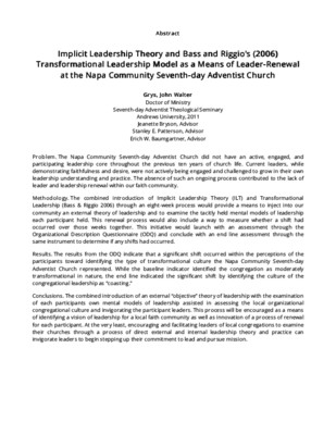 Implicit Leadership Theory and Bass and Riggio's (2006) Transformational Leadership Model as a Means of Leader-Renewal at the Napa Community Seventh-day Adventist Church