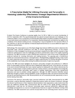 A Prescriptive Model for Utilizing Character and Personality in Assessing Leadership Effectiveness Amongst Departmental Directors of the Ontario Conference
