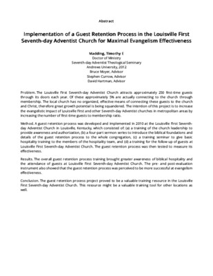 Implementation of a Guest Retention Process in the Louisville First Seventh-day Adventist Church for Maximal Evangelism Effectiveness