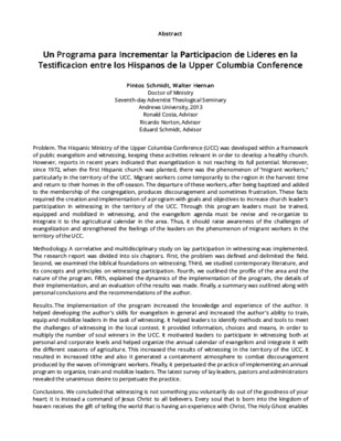 Un Programa para Incrementar la Participacion de Lideres en la Testificacion entre los Hispanos de la Upper Columbia Conference