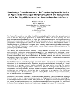 Developing a Cross-Generational Life-Transforming Worship Service: an Approach to Involving and Empowering Youth and Young Adults at the San Diego Filipino-American Seventh-day Adventist Church