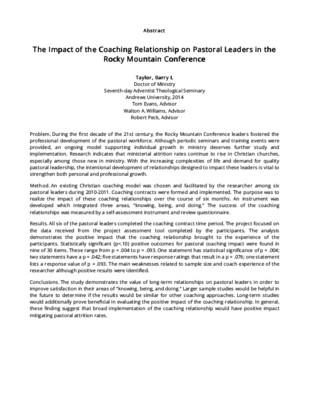 The Impact of the Coaching Relationship on Pastoral Leaders in the Rocky Mountain Conference
