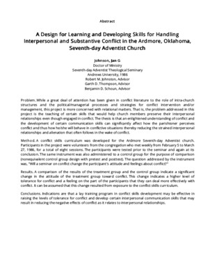A Design for Learning and Developing Skills for Handling Interpersonal and Substantive Conflict in the Ardmore, Oklahoma, Seventh-day Adventist Church