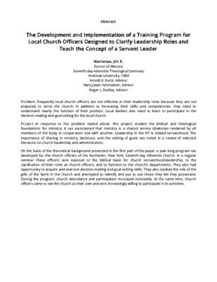 The Development and Implementation of a Training Program for Local Church Officers Designed to Clarify Leadership Roles and Teach the Concept of a Servant Leader