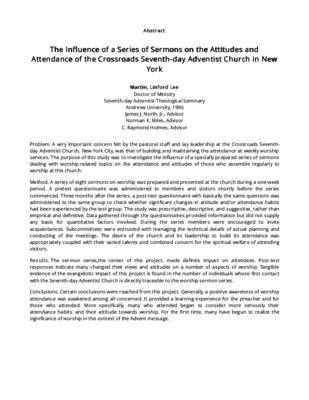 The Influence of a Series of Sermons on the Attitudes and Attendance of the Crossroads Seventh-day Adventist Church in New York