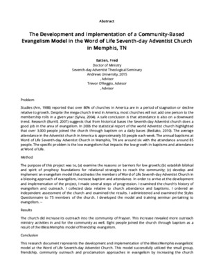 The Development and Implementation of a Community-Based Evangelism Model in the Word of Life Seventh-day Adventist Church in Memphis, TN